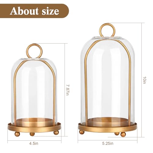 Vintage Brass Metal Candle Lantern with Thick Glass Dome – Set of 2 Shabby Chic Style Candle Holders (5.25"x10" & 4.5"x7.8...