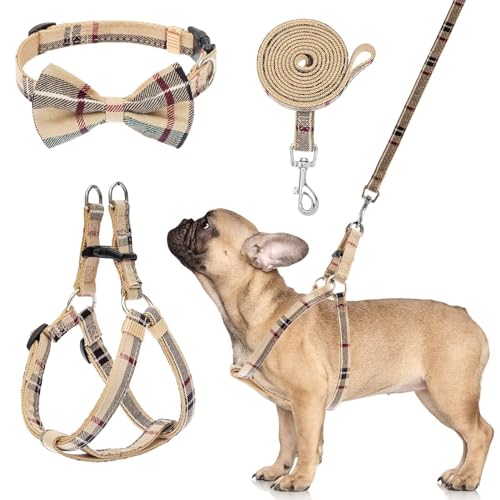 BINGPET Dog Harness Collar Leash Set,Adjustable No Pull Escape Proof Small Dog Harness,Classic Plaid Puppy Harness and Lea...