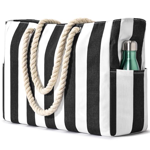 Becokan Women's Pool Swim Bag - Waterproof Sandproof Large Stripe Beach Tote with Zipper