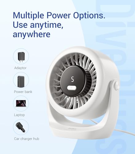 Diveblues USB Desk Turbo Fan, Ultra-Quiet Mini Desk Fan, Powerful Wind, LED Display, 5 Speed, 360° Rotating Small Portable...