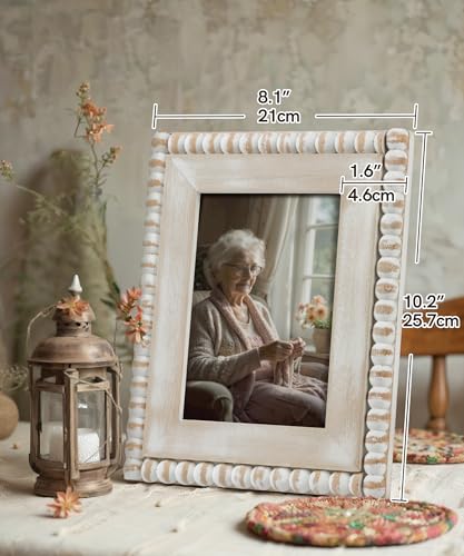 Afuly 5x7 Farmhouse Picture Frame Boho White Beads Photo Frame Wooden Distressed Wall Hanging Desk Standing Decor Artwork ...
