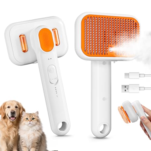 3-in-1 Pet Steam Brush: Rechargeable Grooming Tool with Gentle Mist Spray for Shedding Control, Self-Cleaning, 2-Speed, Wa...