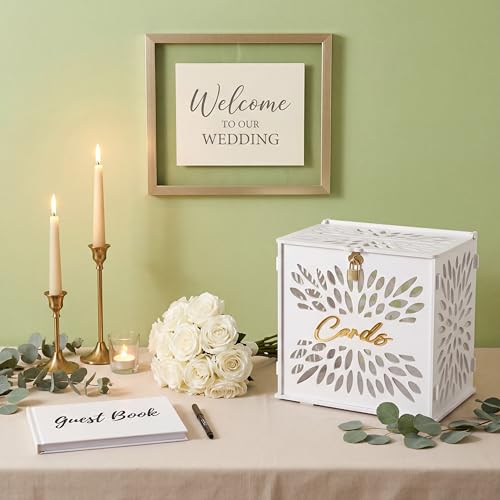 Chunful White Wedding Card Box with Lock, 10 Inch Hollow Floral PVC Gift Envelope Holder for Reception, Secure Money Colle...