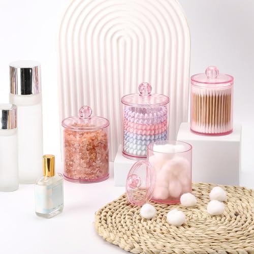 Tbestmax 12 oz & 10 oz Qtip Holder - 4 Pack Restroom Bathroom Organizers and Storage Containers, Pink Plastic Apothecary J...