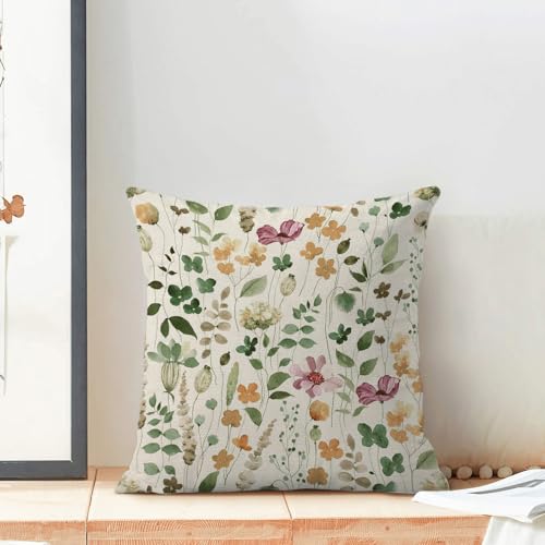 Yxuiyal Spring Pillow Covers 18x18 Set of 2 Green Pink Floral Leaves Throw Pillow Covers Decoration Summer Flower Plants F...