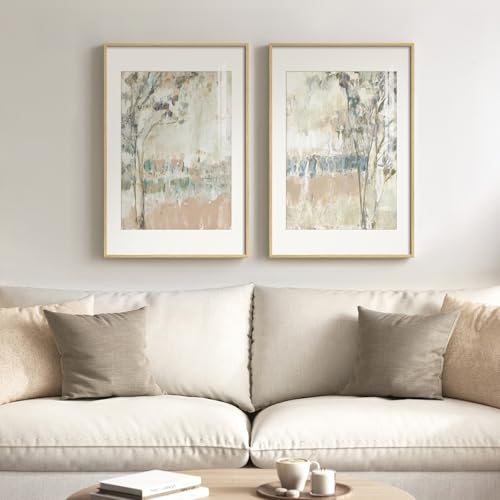 Framed Neutral Abstract Landscape Wall Art for Bedroom, Set of 2 Tree Canvas Large Artwork for Living Room Walls, Modern N...