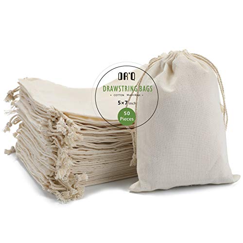 DRQ Cotton Drawstring Bags - EcoFriendly Muslin Gift & Party Favor Pouches (5 by 7 inch) - Unbleached Cotton Fabric Cloth ...