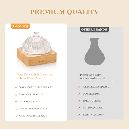 Lecdura Glass Essential Oil Diffuser with Glass Reservoir & WoodBase, 200ml Ultrasonic Lock Color Timer Auto-Off 7 Color L...