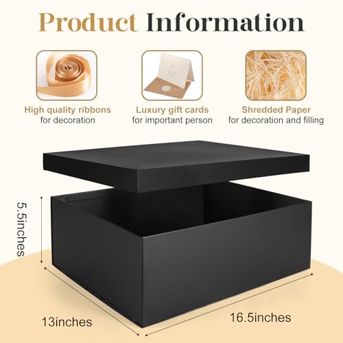 Gift Box, 16.5x13x5.5 inches Large Black Gift Boxes with Lids for Presents, Birthday Box Contains Card Ribbon Shredded Pap...