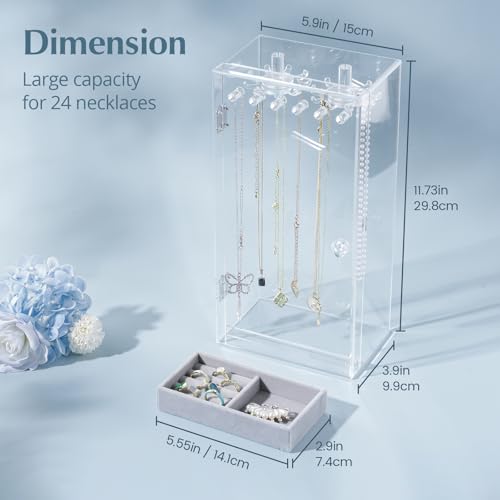 Lolalet Necklace Holder Organizer, Acrylic Jewelry Organizer with 24 Hooks, Rotating Clear Necklaces Display Box, Dust-pro...