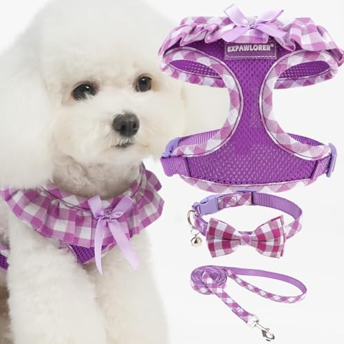 EXPAWLORER Cute Dog Harness Collar Leash Set - Purple Girl Dog Harness Checkered Step-in Design, Detachable Bow Pet Colla...