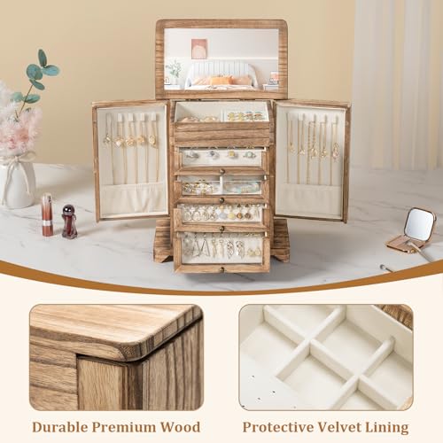 Bellaownia Large Jewelry Box & Organizer for Women, Wooden Jewelry Storage with 4 Transparent Drawers, Holds Necklaces, Ri...