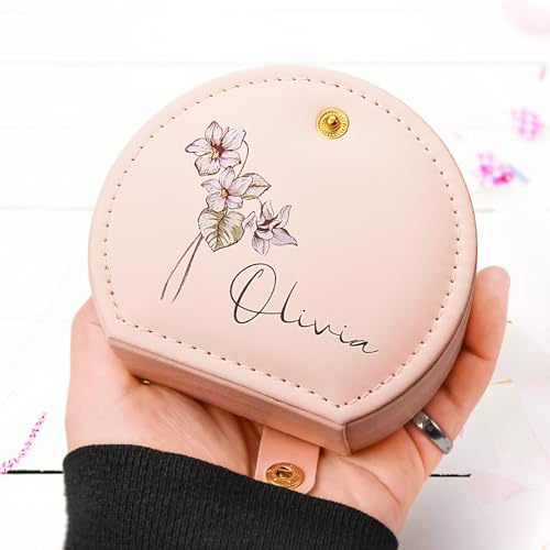 Personalized Leather Travel Jewelry Box with Name and Birth Flower for Women Gifts Custom Small Travel Jewelry Organizer C...