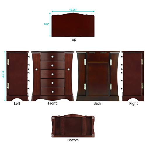 RR ROUND RICH DESIGN Jewelry Box - Made of Solid Wood with Tower Style 4 Drawers Organizer and 2 Separated Open Doors on 2...