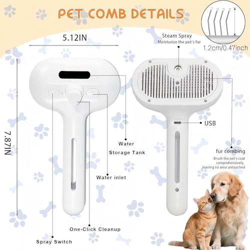 Fresh Fur Shower Brush, 3 in 1 Pet Steam Brush, Spray Hair Removal Comb for Cats ＆ Dogs - Deshedding＆ Grooming (White)