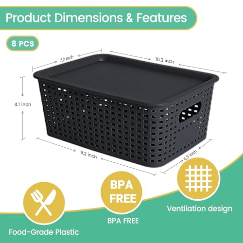 Plastic Storage Baskets with Lid-Plastic Storage Containers Stackable Storage bins: Storage Baskets for Organizing Shelves...