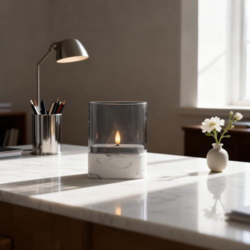 Fanna Rectangular Flameless LED Candle with Timer in Marble Texture, Battery Operated Glass Candle for Home Decor and Tabl...