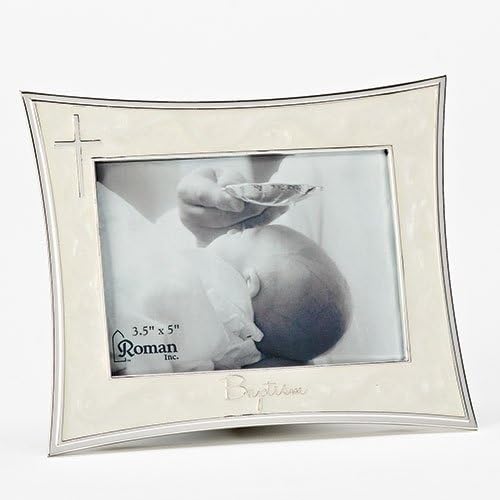 Roman Baptism Ivory and Silver Frame, photo 3x5 with Cross, Bless this child, Baptized in Christ, Christening Keepsake Gif...