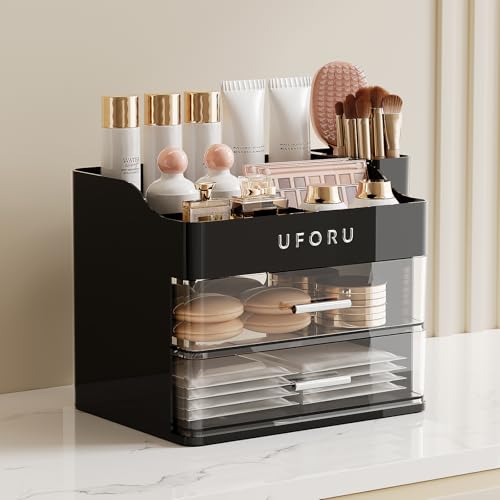 UFORU Makeup Organizer for Vanity with Brush Holder, Countertop Skincare Organizer with 2 Drawers, Spacious Cosmetic Displ...