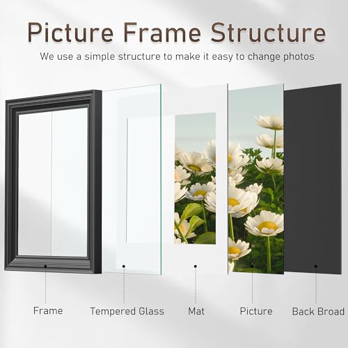 Tinkeps 11x14 Black Picture Frame - Real Glass, Classic Thick Frame Display Pictures 8x10 with Mat or 11 x 14 without Mat,...