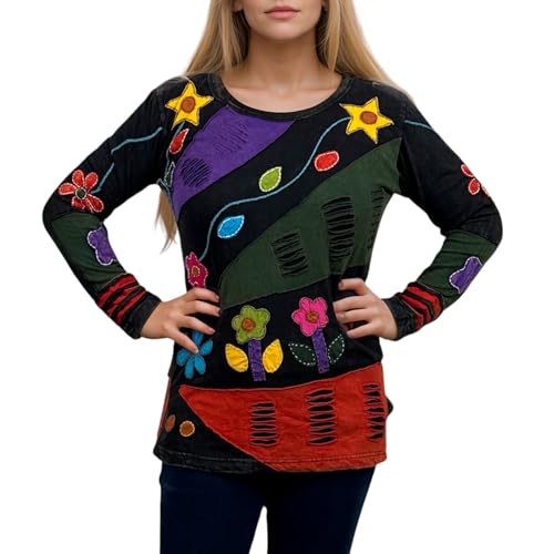 Agan Traders 2026 Summer Bohemian Tops for Women - Rib Knit Cotton Funky Patch Retro Hand Women's Embroidered Blouses