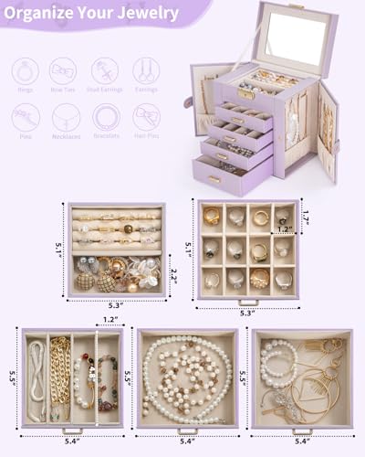 AKOZLIN 5-Tier Jewelry Box Leather Jewelry Storage Organizer with 4 Drawers Lockable for Women Girls Ring Necklace Earring...