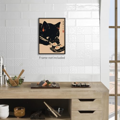 Heltrappe Japanese Cute Black Cat Animal Canvas Poster Delicious Food Sushi Wall Art Vintage Unique Aesthetic Prints for K...