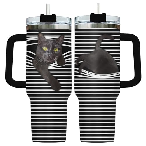 34HD Cute Black Cat Tumbler 40oz with Handle and Straw, Striped Peeking Cat Stainless Steel Vacuum Insulated Travel Coffee...