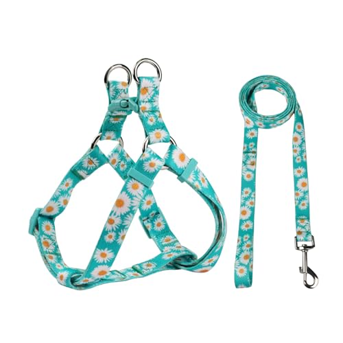 Olahibi Harness and Leash Set, Floral Pattern, 5ft Matching Leash, No Pull, Easy Wear for Small Dogs.(S, Green Daisy)