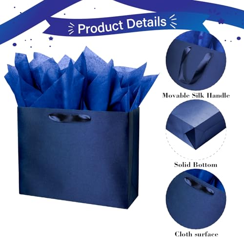 Linelglobal Blue Gift Bag with Tissue Paper Solid Color Silky for Women Men Boutique, Birthday, Fathers Day, Anniversary, ...