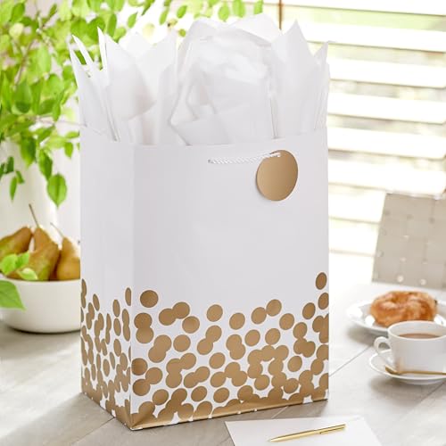 Hallmark 17" Extra Large Gift Bag with Tissue Paper (White with Gold Polka Dots) for Valentine's Day, Weddings, Engagement...