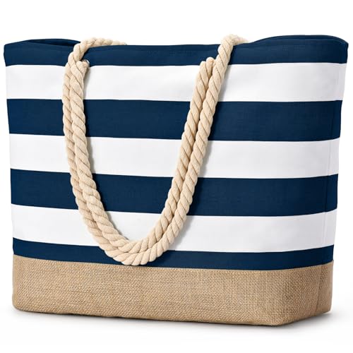 Becokan Beach Bags for Women Large Canvas Beach Tote Bag Beach Bags Waterproof Sandproof Swim Pool Bag Travel Essentials