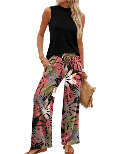 WIHOLL Two Piece Set for Women Summer Spring Outfits Cruise Travel Airport Beach Vacation Mock Neck Wide Leg Pants Set
