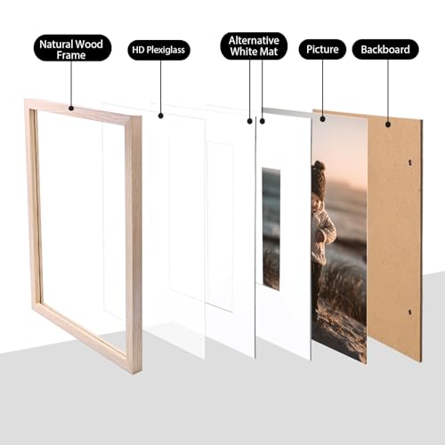KINLINK 5x7 Picture Frame Natural, Solid Wood Frames with Acrylic Plexiglass for Pictures 3.5x5/4x6 with Mat or 5x7 withou...