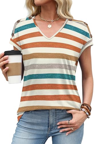 XIEERDUO Womens Summer Tops Short Sleeve Shirts with Buttons V Neck Trendy Tunic Blouses Beach Vacation Clothes