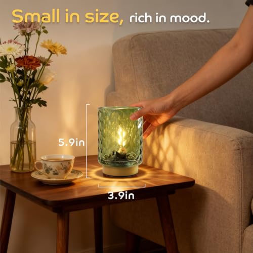 LUSHARBOR Battery Operated Table Lamp, Small Green Glass Lamp Bedside Decor Ambient, Cordless Table Lamp for Bookshelf Des...