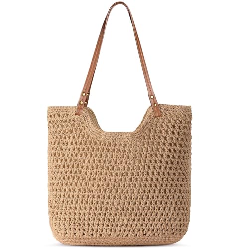 Pleneal Crochet Beach Bag, Summer Woven Tote Bag with Lining, Soft Purse Shoulder Bags for Vacation