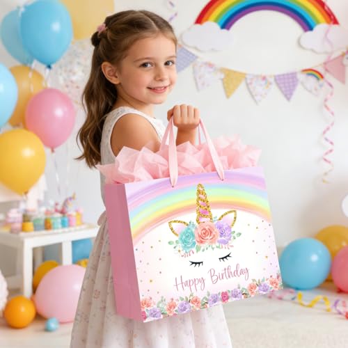 Yusenguan 13" Unicorn Birthday Gift Bag with Greeting Card and Tissue Paper for Baby Girls and Kids Birthday Party (Rainbo...