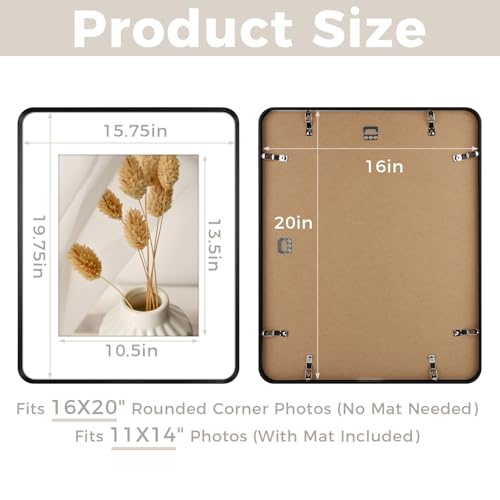 Golden State Art 16x20 Aluminum Picture Frame Black - With Mat for 11x14 Photo or Without Mat for Round Edges 16 x 20 Phot...
