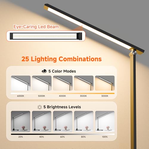 ShineTech LED Desk Lamp with USB-C Charging Port, Dimmable Desk Lamp for Home Office, Eye-Caring Reading Lamp with 25 Ligh...
