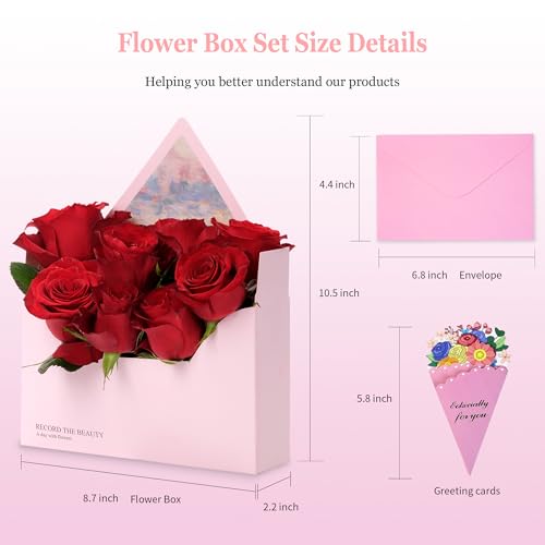 Amalee 10 Pack Pink Flower Bouquet Envelope Boxes with Greeting Cards, Premium Cardboard Floral Gift Boxes for Arrangement...