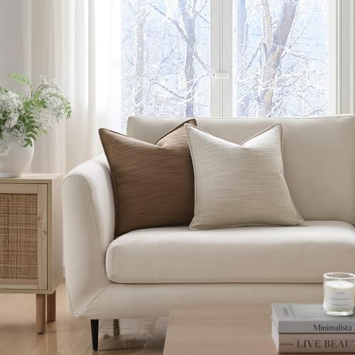 Meekio Set of 2 Linen Beige Pillow Covers 18x18, Linen Look Throw Pillow Covers with Flange Edge for Sofa Couch Living Décor