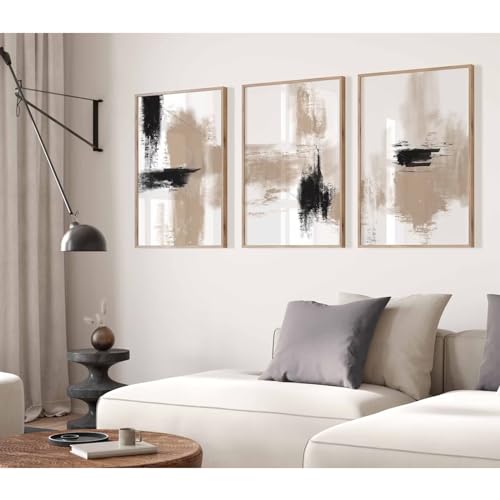 Joocrise Beige Abstract Wall Art Painting Set of 3 Neutral Canvas Wall Art Prints Black Beige Modern Wall Decor Minimalist...