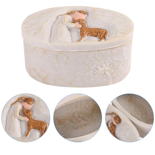 FriyGardcn Resin Keepsake Box Oval 3.82 Inch, Memorial Trinket Box for Dog Ashes Pet Hair Collar Tag, Engraved Girl with P...