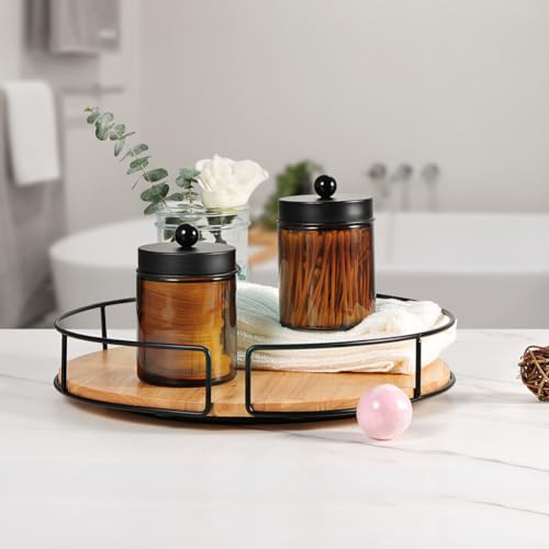 Amolliar Amber Glass Qtip Holder, Apothecary Jars with Matte Black Metal Lid & Stickers-Bathroom Qtip Dispenser Storage Or...
