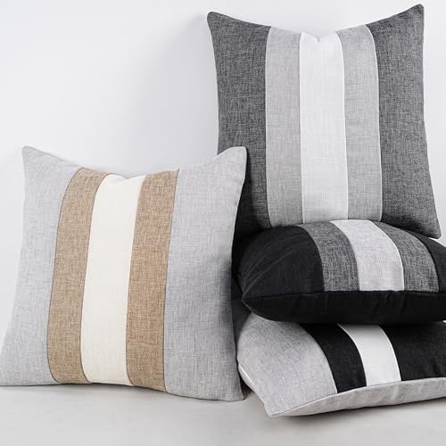 Adabana Modern Pillow Covers 18x18 Set of 2 Farmhouse Decor Patchwork Linen Cushion Covers for Couch Living Room Bed Black...