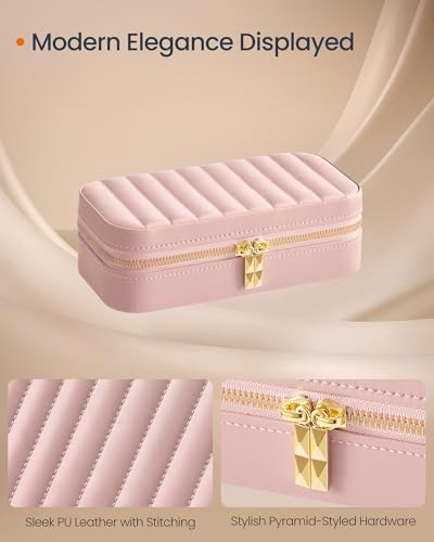 SONGMICS HOME Travel Jewelry Case, Travel Jewelry Box Organizer with Mirror, 4.1 x 8 x 2.4 Inches, Stitching, Portable, Gi...