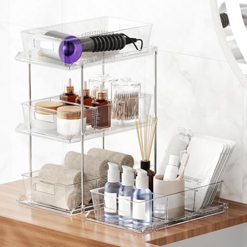 Fabspace Pull-out Home Organizer, 2 Pack 2 Tier Clear Bathroom Organizer with Dividers, Multipurpose Vanity Counter Tray, ...