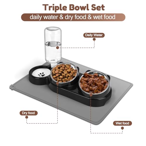 YECERCAN Cat Food and Water Bowl Set, Stainless Steel Raised Cat Bowls with Automatic Water Bottle & Waterproof Mat for Ca...