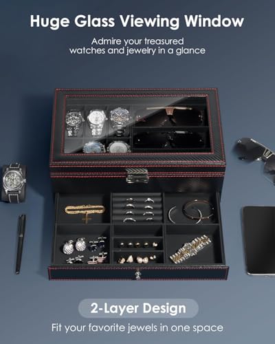 Kukikan Watch Jewelry Box Organizer, 6-Slot 2-Layer Watch Case and Sunglasses Storage with Large Glass Lid, Men's Jewelry ...